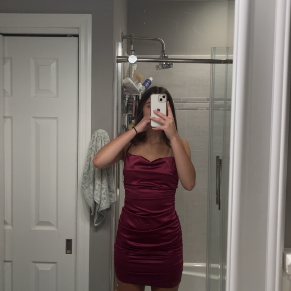 burgundy satin mini dress